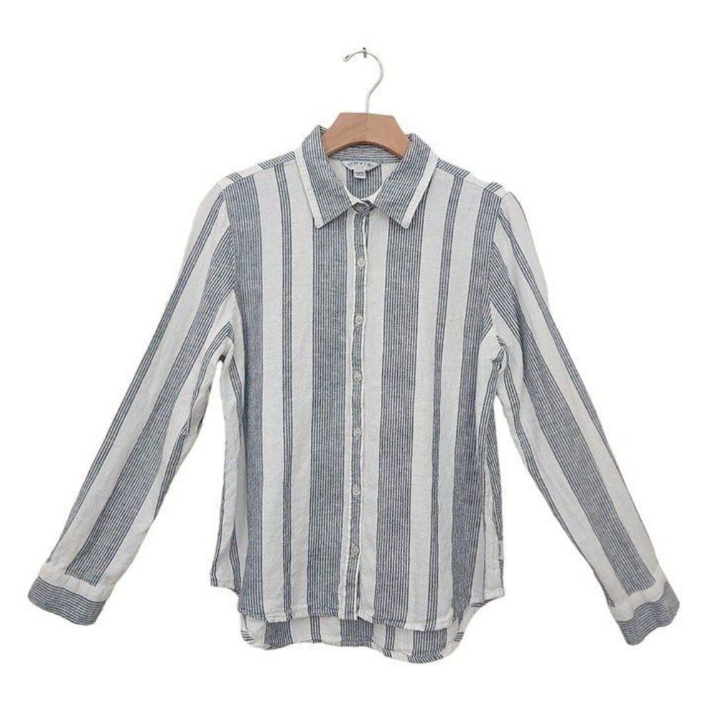 Orvis Shirt Womens Small White Linen Blend Stripes Roll Tab Sleeve Coastal Beach